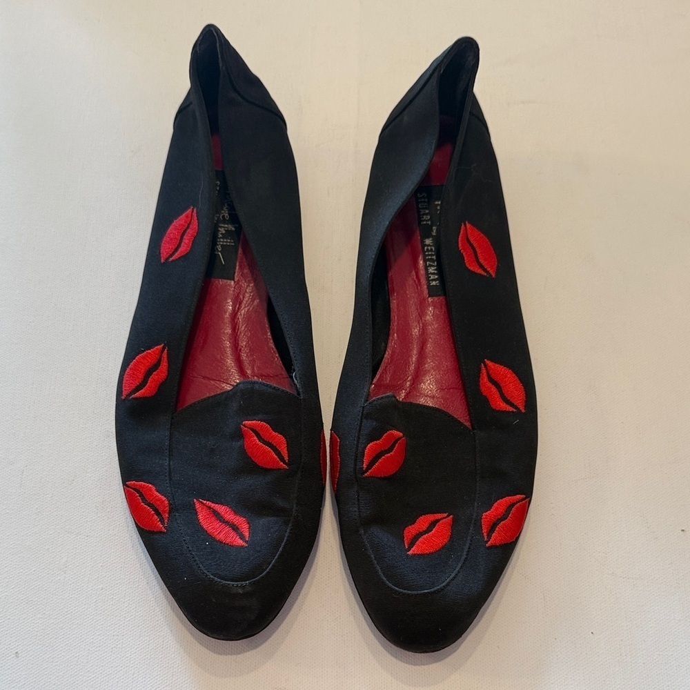 Stuart Weitzman Black Flats with Red Lip Accents